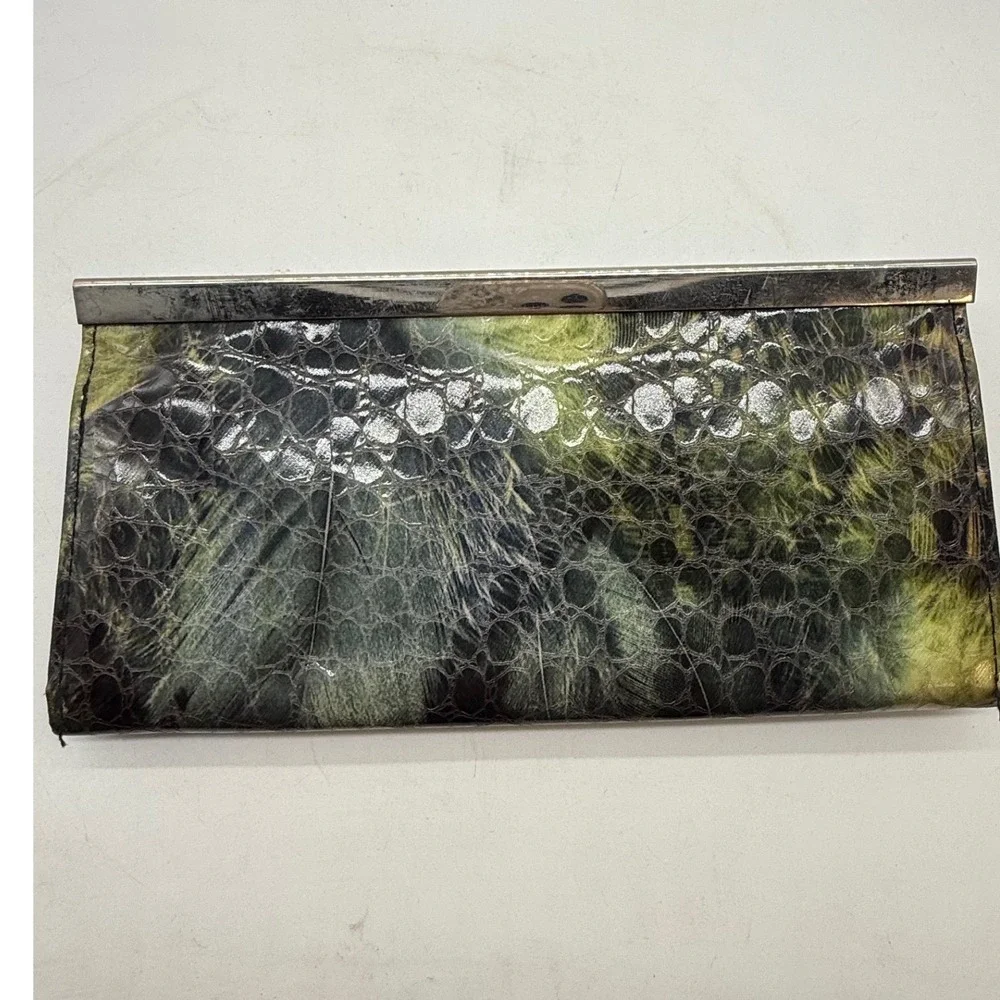 Vtg Green Snakeskin‎ Print Faux Leather Frame Wallet Accordion Clasp Closure